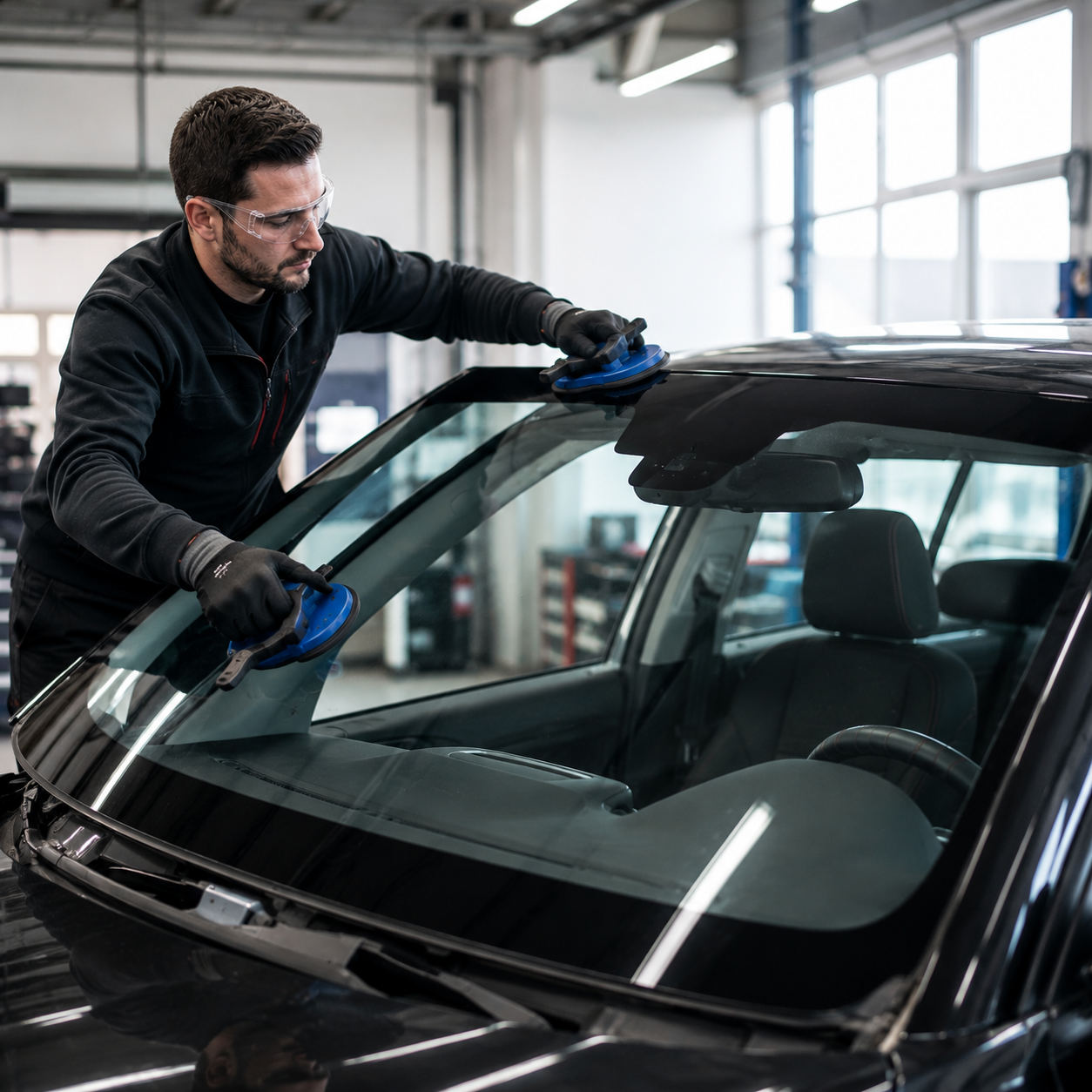 Technicien GPA installant un pare-brise